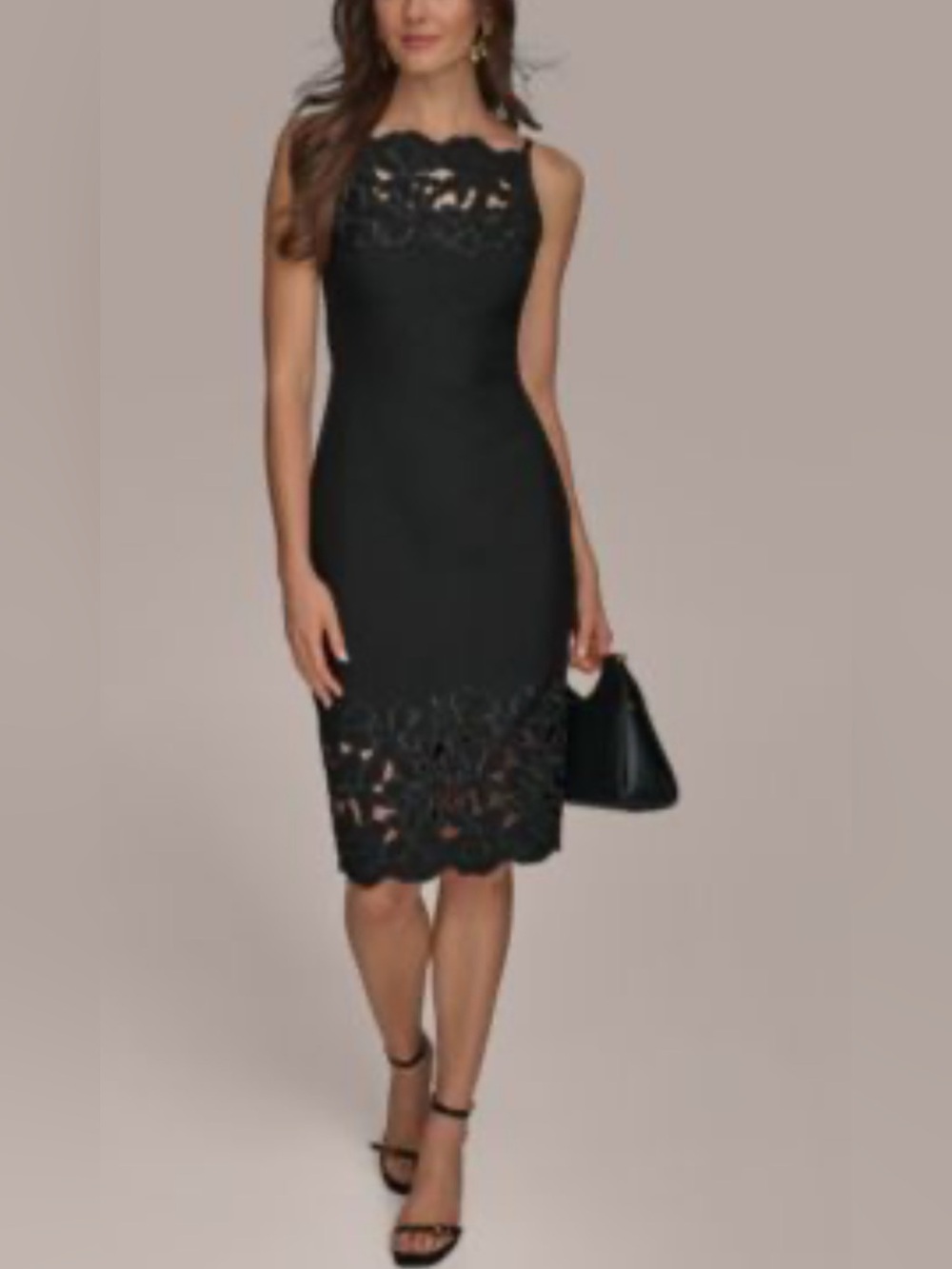 Donna Karan Black Sleeveless Midi Lace Sheath Dress